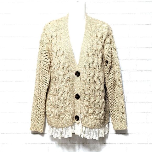 POL Cable Knit Button Front Lace Hem Cardigan S - Picture 1 of 9